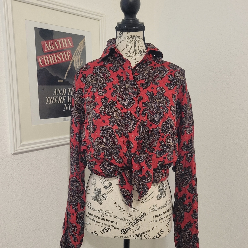 Vintage Silk Anne Klein Neiman Marcus Red Paisley Button Up Blouse 80s 1980s